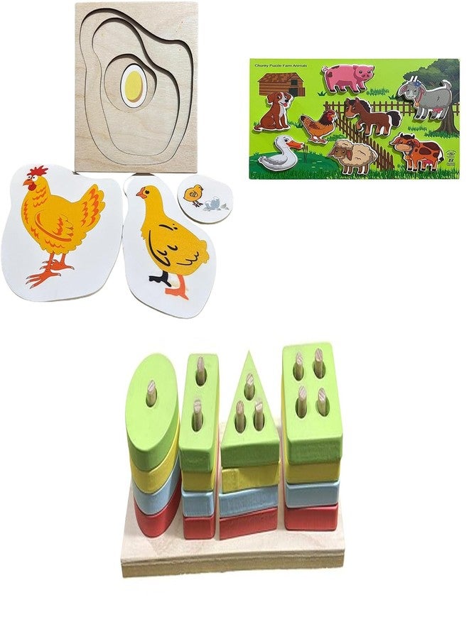Kinder Creative Hen Life Cycle Layering Puzzle,Chunky Stacking Farm Animals Puzzle,Geometrical Column Blocks for Toddlers, Educational Puzzle and Toys for Kids Pack of 3 - Image 1